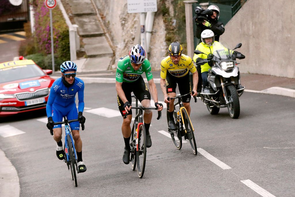 NICE FRANCE MARCH 13 LR Simon Yates of United Kingdom and Team Bikeexchange Jayco Wout Van Aert of Belgium and Team Jumbo Visma green points jersey and Primoz Roglic of Slovenia and Team Jumbo Visma yellow leader jersey competes during the 80th Paris Nice 2022 Stage 8 a 1156km stage from Nice to Nice ParisNice WorldTour on March 13 2022 in Nice France Photo by Bas CzerwinskiGetty Images