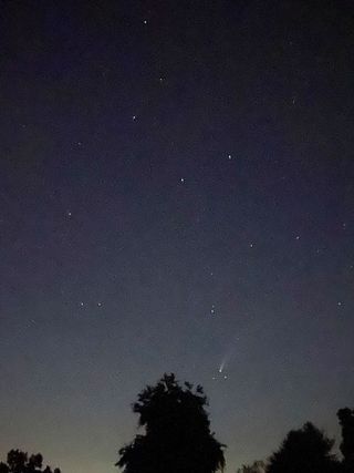 This image of Comet NEOWISE was taken on the evening of July 18, 2020 by Maria Rao from Putnam Valley, New York, 50 miles (80 km) north of New York City. The view pretty much matches what would have been seen with the naked eye. The comet head (coma) formed a triangle with the nearby stars Al Kaprah and Talitha, which marks the front left paw of Ursa Major (the Big Bear). She used an I-phone 11.