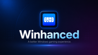 Winhanced promotional banner with glowing blue app icon and large logo on a dark blue and purple gaming-themed background.