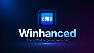 Winhanced promotional banner with glowing blue app icon and large logo on a dark blue and purple gaming-themed background.