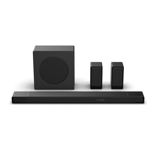 Hisense AX5140Q soundbar, subwoofer and two rear speakers against white background.
