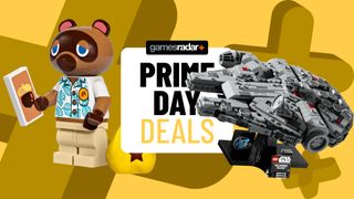 Tom Nook minifigure and Millenium Falcon set beside a 'Prime Day deals' badge, all on a yellow background