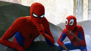 Two versions of Spider-Man from Spider-Man: Into the Spiderverse.