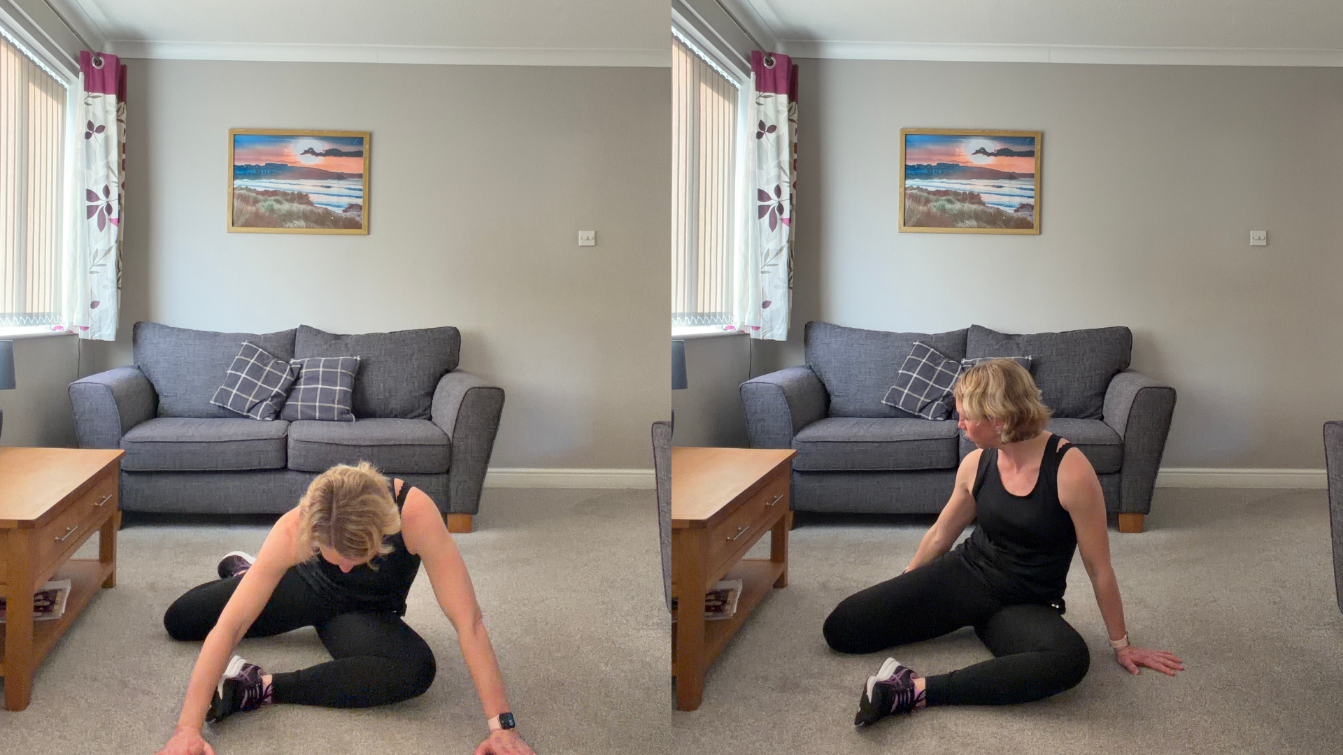 Personal trainer Becky Fuller performing stretching demonstrations in a living room