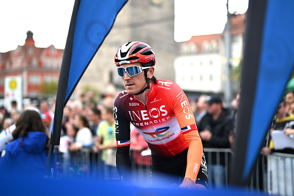 HALLE-SAALE, GERMANY - AUGUST 24: Geraint Thomas of Great Britain and Team INEOS Grenadiers prior to the 40th Deutschland Tour 2025, Stage 4 a 163.7km stage from Halle-Saale to Magdeburg / #UCIWT / on August 24, 2025 in Halle-Saale, Germany. (Photo by Christian Kaspar-Bartke/Getty Images)