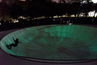 Local skaters activate Koo Jeong A’s Arrogation, 2016, a glow-in-the-dark skatepark that can be seen from inside the biennial building. Courtesy Bienal de São Paulo and the artist
