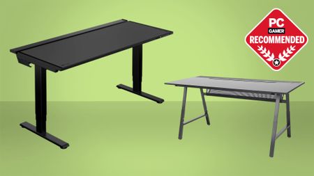 A collage of gaming desks from Ikea and Secretlab against a gradient green background, with a PC Gamer Recommended logo in the corner