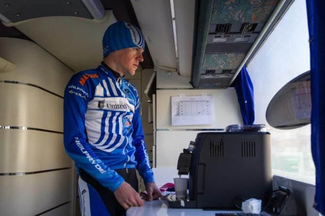 Alessandro Bazzana (UnitedHealthcare) waits for his coffee to be ready before heading out for the day.