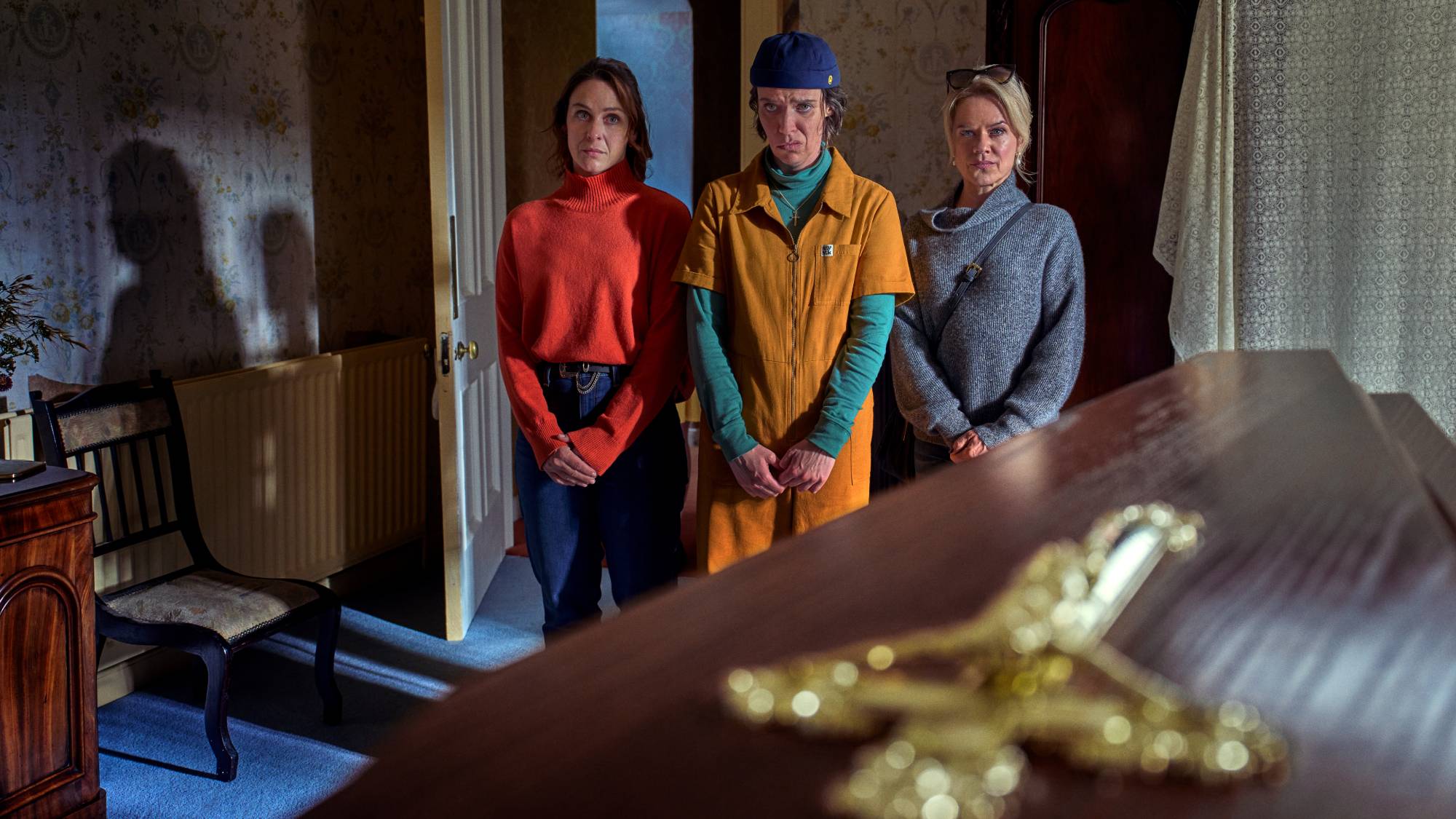 (L-R) Roisin Gallagher as Saoirse, Caoilfhionn Dunne as Dara and Sin&amp;eacute;ad Keenan as Robyn in "How to Get to Heaven from Belfast"