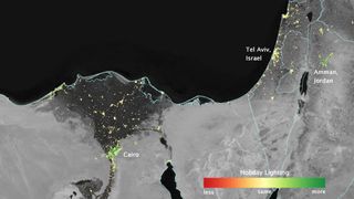 City lights brighten in several cities in North Africa and the MIddle East during the Muslim holy month of Ramadan, as shown by an analysis using data from the NASA-NOAA Suomi NPP satellite. Dark green pixels are areas where the lights are at least 50 percent brighter during Ramadan.