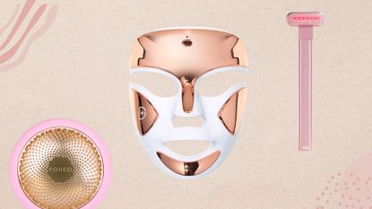 Collection of the best red light therapy devices from Foreo, Dr Dennis Gross and Solawave, on a beige background with pink details