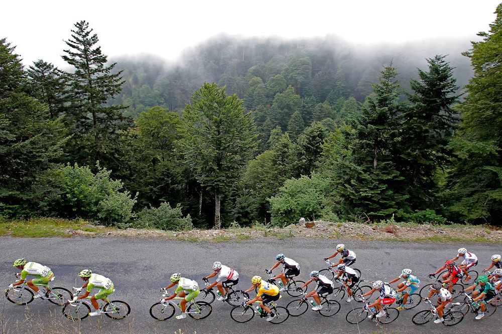 Riders climb of the Port de Bales during stage 17 of the 2012 Tour de France from Bagneres-de-Luchon to Peyragudes