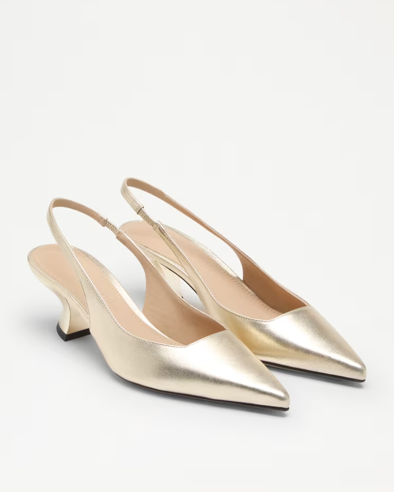 gold leather pointed toe kitten heels russell and bromley