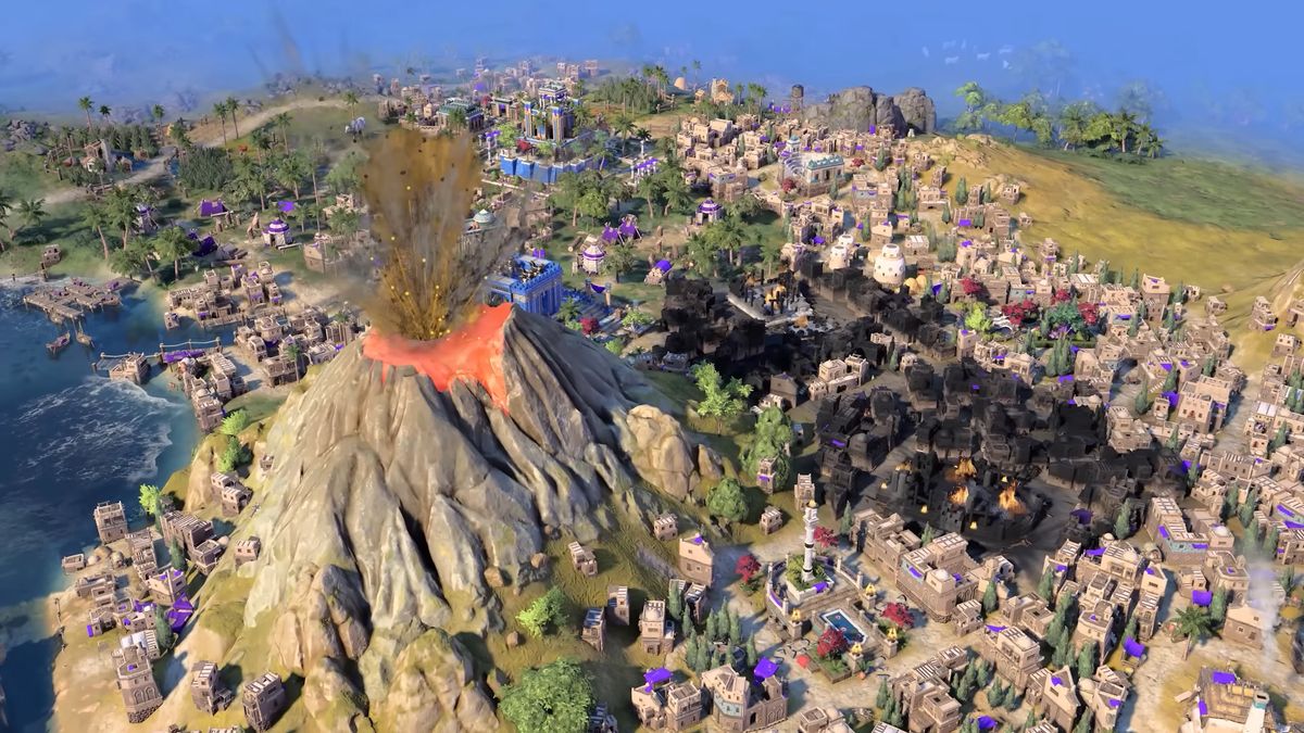 A screenshot from the gameplay reveal trailer of Civ 7, showing a volcano going all &#039;splodey