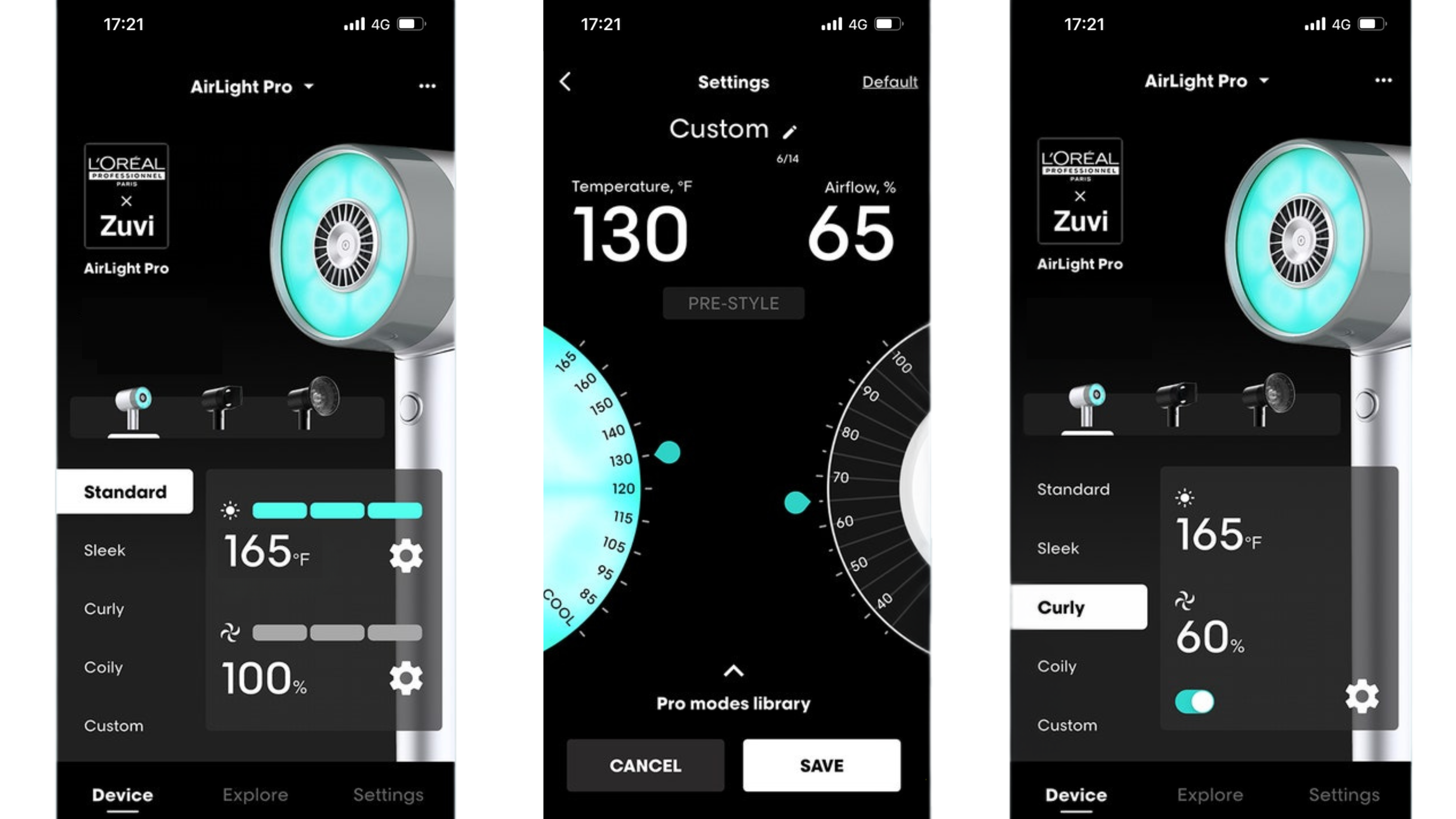 Screenshots from L'Oreal AirLight Pro hair dryer companion app