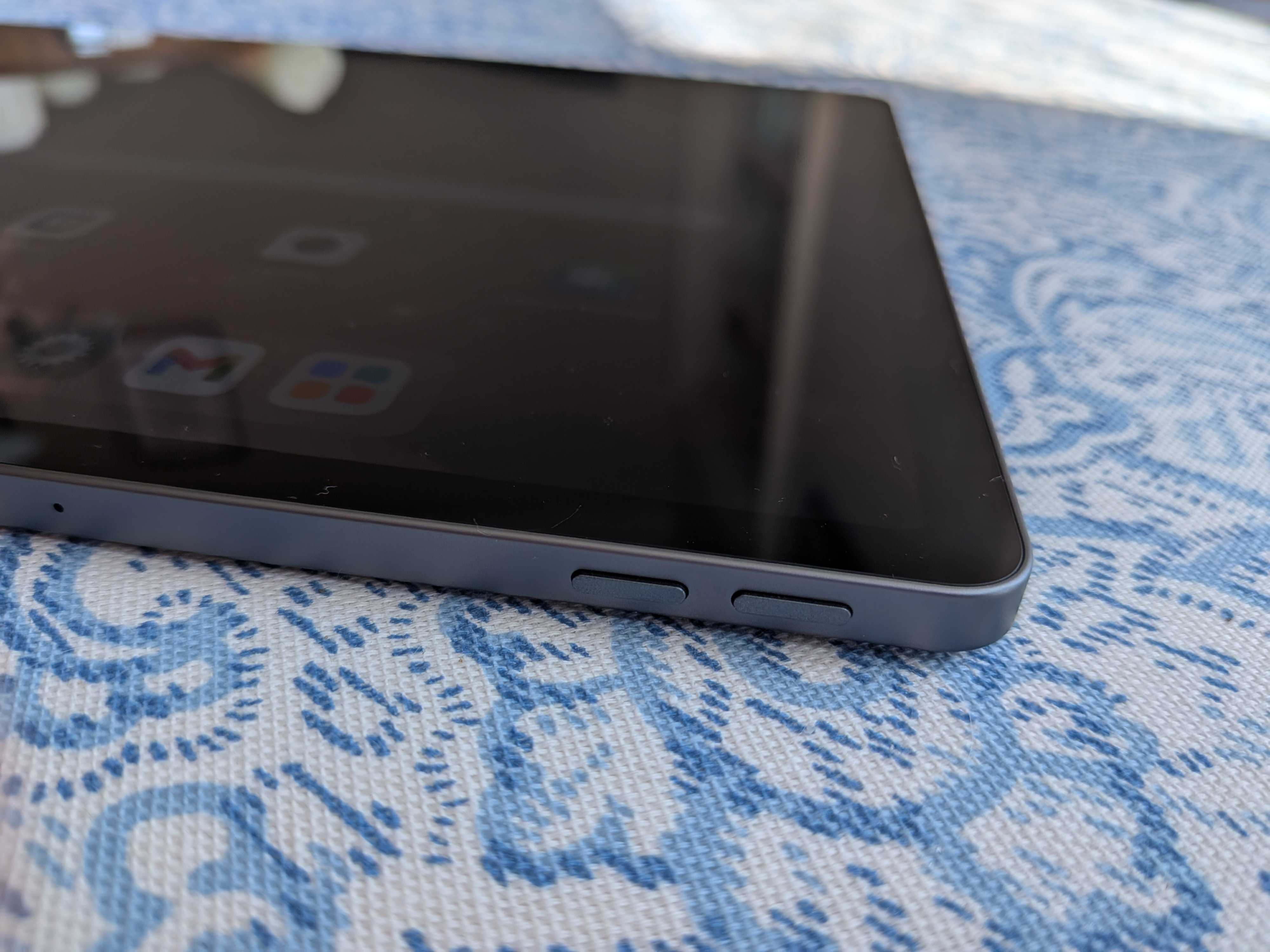 A Lenovo Idea Tab Pro tablet on a blue and white table