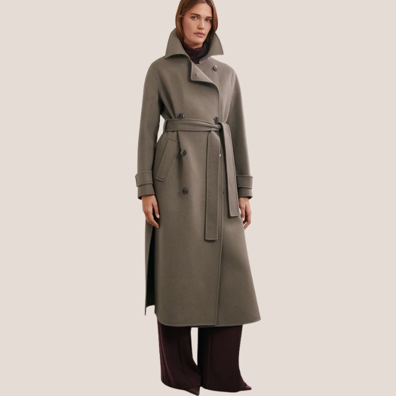 Wool-Blend Belted Blindseam Coat in Mink on model