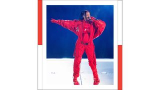 Rihanna wears a red breastplate and red jumpsuit as she performs at halftime during Super Bowl LVII between the Philadelphia Eagles and the Kansas City Chiefs on Sunday, February 12th, 2023 at State Farm Stadium in Glendale, AZ