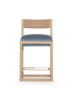 Muskoka Living's Macy counter stool with pale wood frame and gray-blue seat upholstery