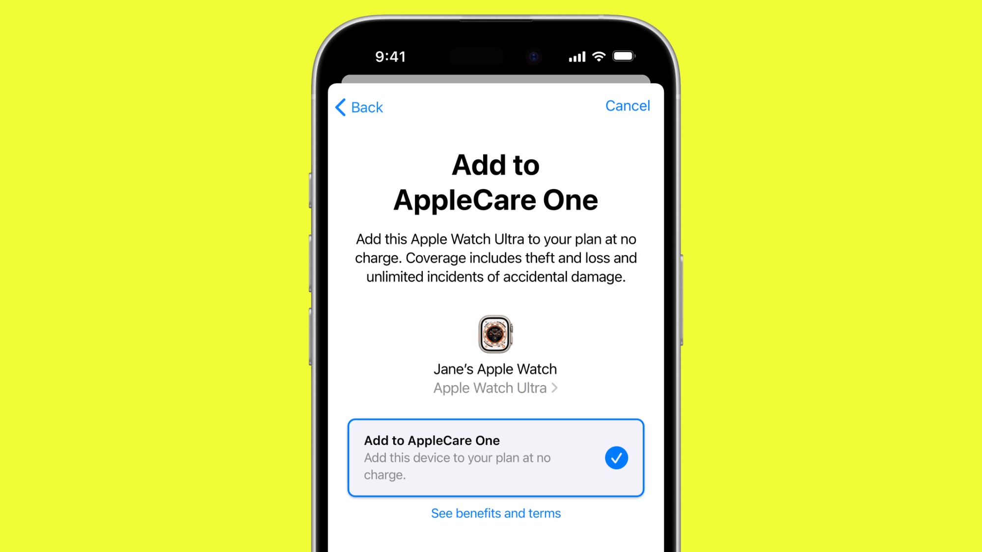 Adding an Apple Watch to AppleCare One from iPhone