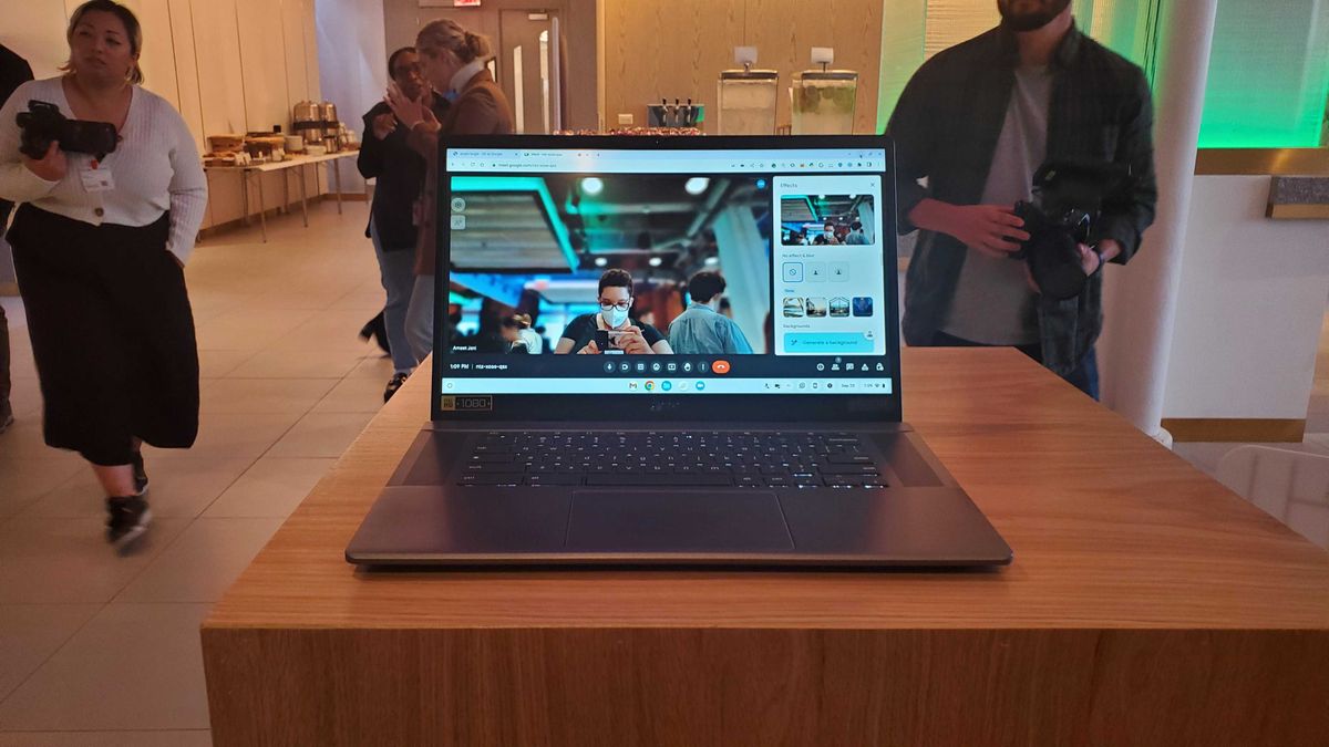 Chromebook Plus laptop on wooden table