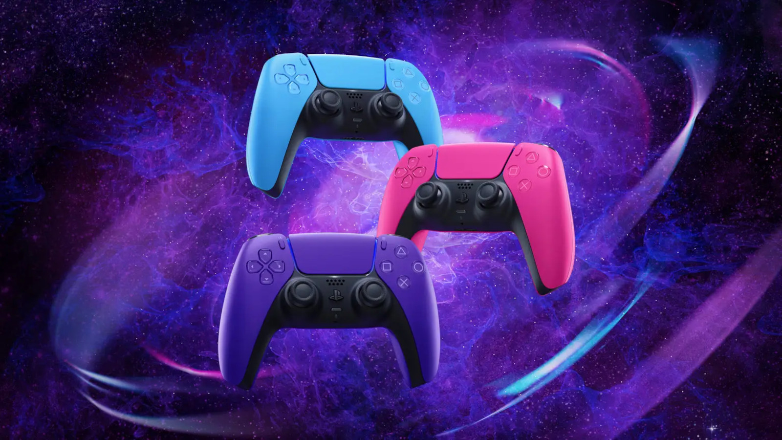 Blue, pink and purple Sony DualSense controllers for the PS5 against a galaxy backdrop