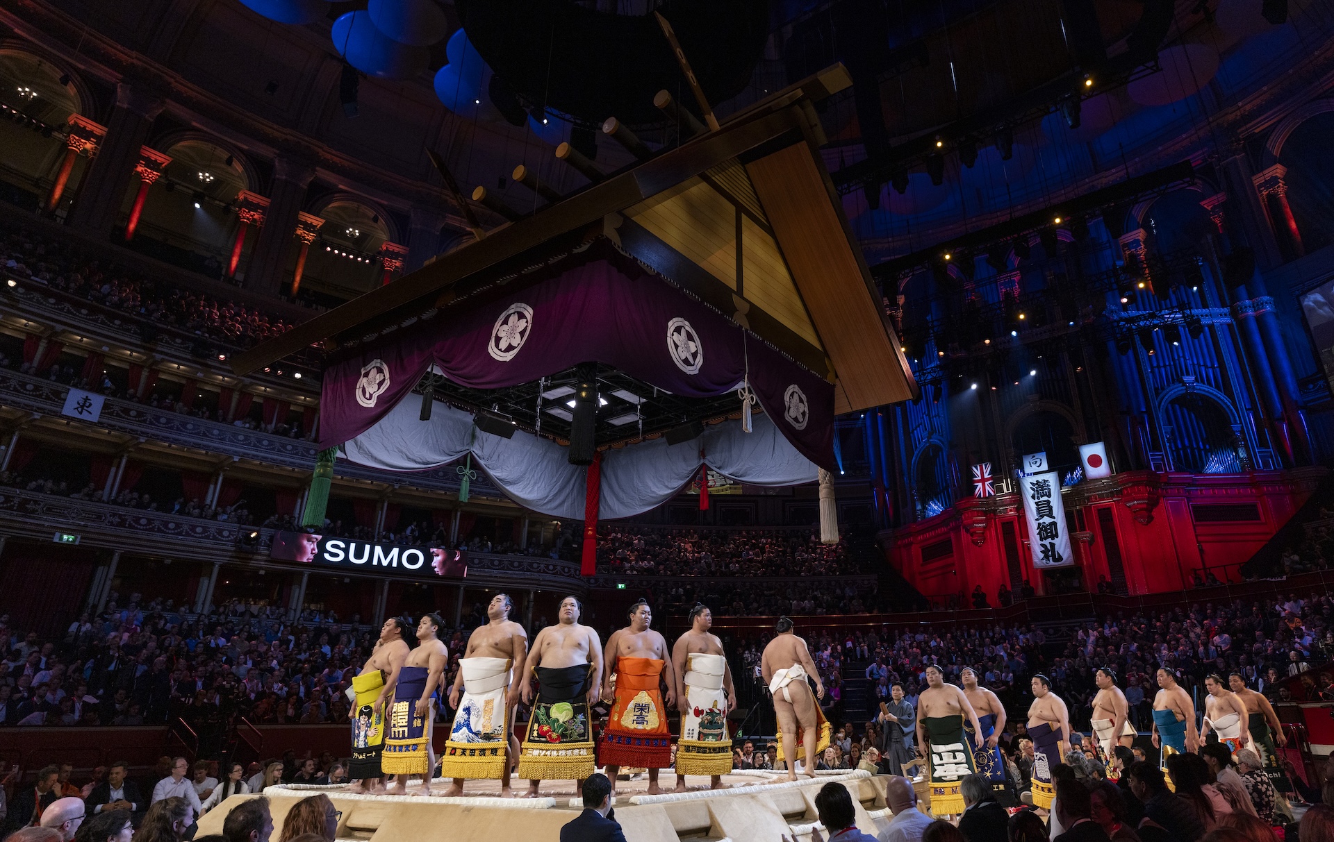 LONDON, ENGLAND - OCTOBER 15: The Rikishi are presented to the crowd during day one of The Grand Sumo Tournament at Royal Albert Hall on October 15, 2025 in London, England. This is the first time since the 1991 event at the Royal Albert Hall that an official Five Day Basho tournament will take place outside of Japan. The tournament will host the most accomplished and elite sumos, including those who have reached the top rank of Yokozuna, and showcase Japan&#039;s rich cultural history and traditions. (Photo by Ryan Pierse/Getty Images)