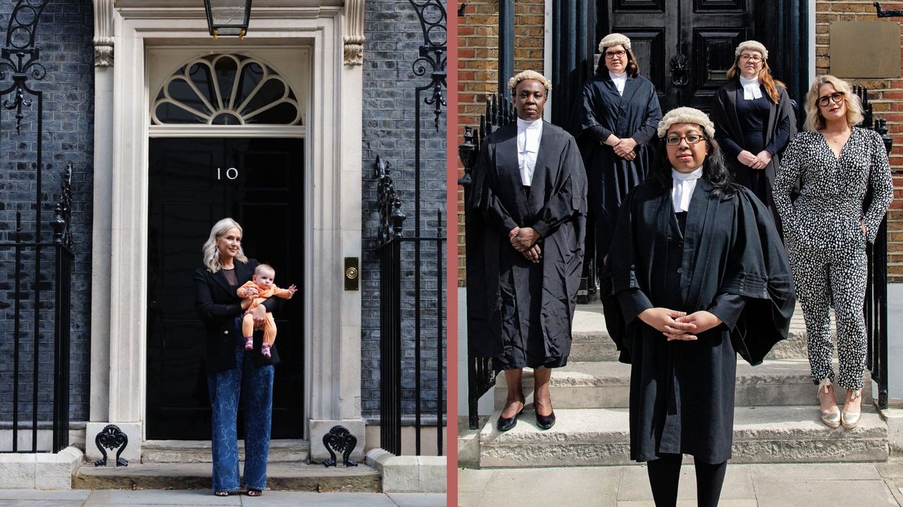 A composite image shows Anna Whitehouse outside 10 Downing Street: first, holding her baby, and second, accompanied by four barristers who helped her flexible working campaign
