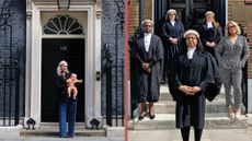 A composite image shows Anna Whitehouse outside 10 Downing Street: first, holding her baby, and second, accompanied by four barristers who helped her flexible working campaign