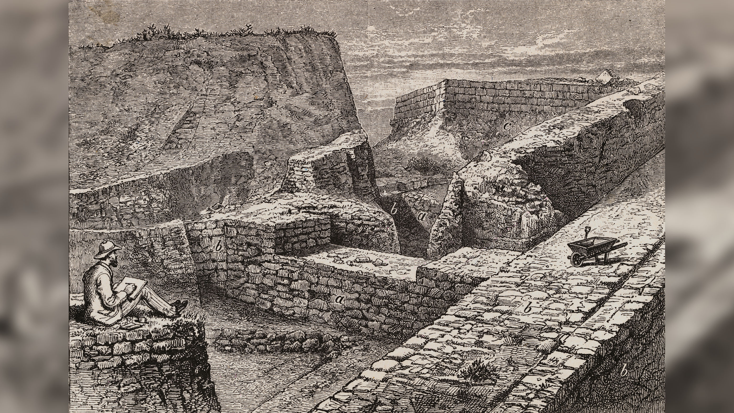 German archaeologist Heinrich Schliemann sketches the remains of ancient Troy.