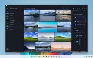 A desktop interface displaying a photo management app showing landscape images in a grid. Side panels feature search and organization tools.