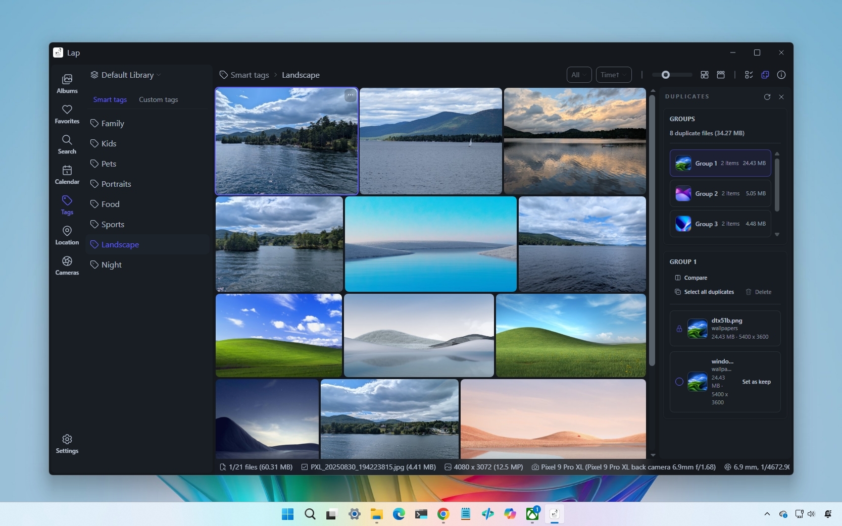 A desktop interface displaying a photo management app showing landscape images in a grid. Side panels feature search and organization tools.
