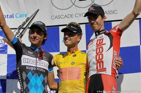 Best Young rider and second overall Lachlan Morton, overall winner Francisco Mancebo, and third overall Jeremy Vennell.