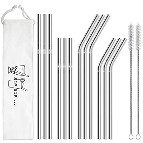 Hiware 12-Pack Reusable Stainless Steel Metal Straws With Case - Long Drinking Straws for 30 Oz and 20 Oz Tumblers Dishwasher Safe - 2 Cleaning Brushes Included