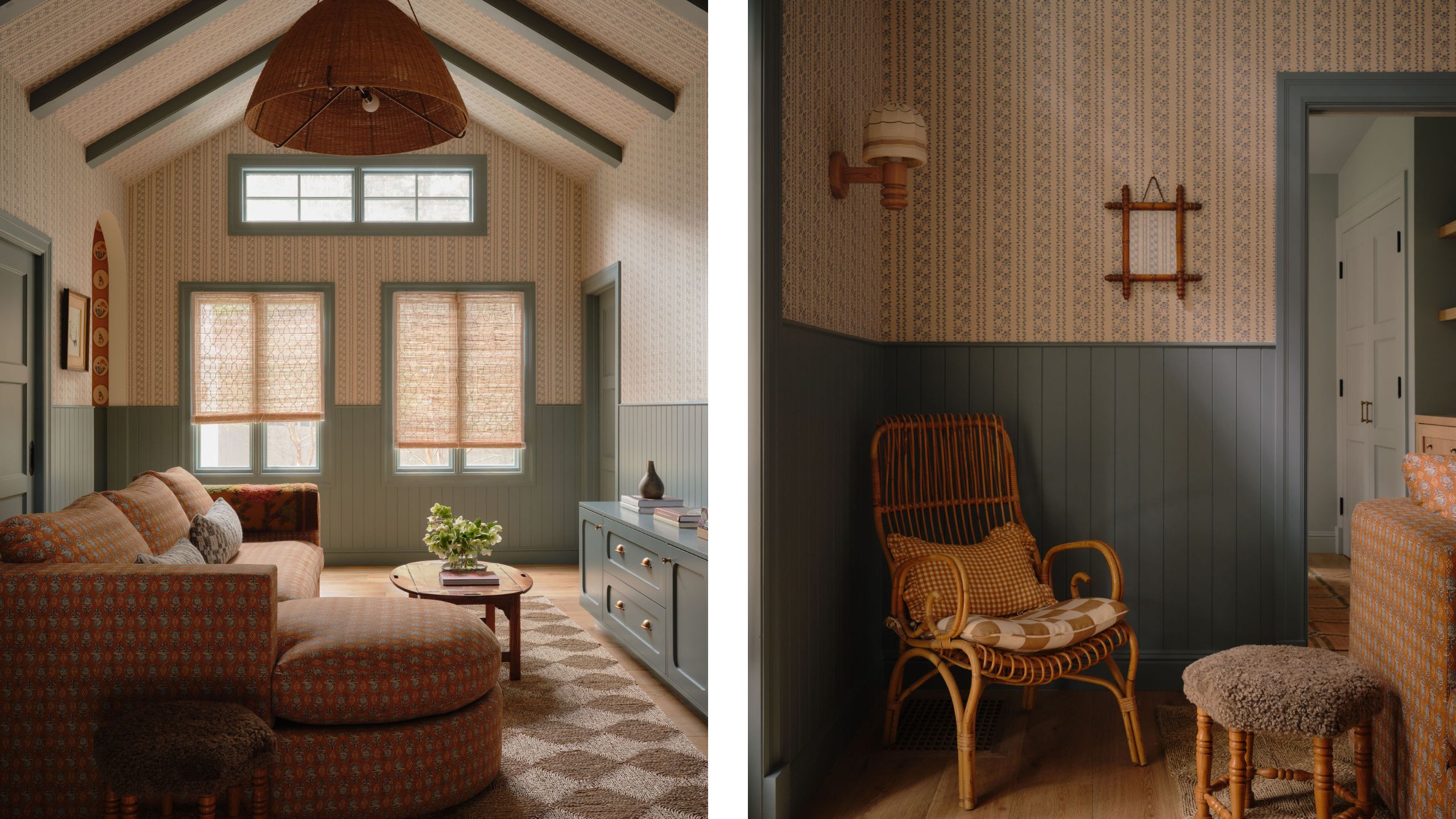 two side by side images of a cozy vaulted ADU living room with floral wallpaper and half height paneling painted blue, a curved rust colored couch and vintage decor