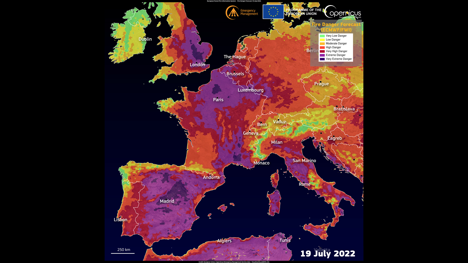 Extreme wildfire risk alerts are in place in several European countries amid a record-breaking heatwave.