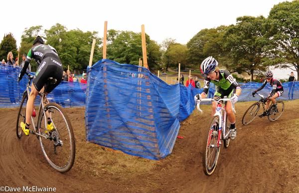 Mary McConneloug (Kenda-Seven-NoTubes) leading Antonneau on lap three