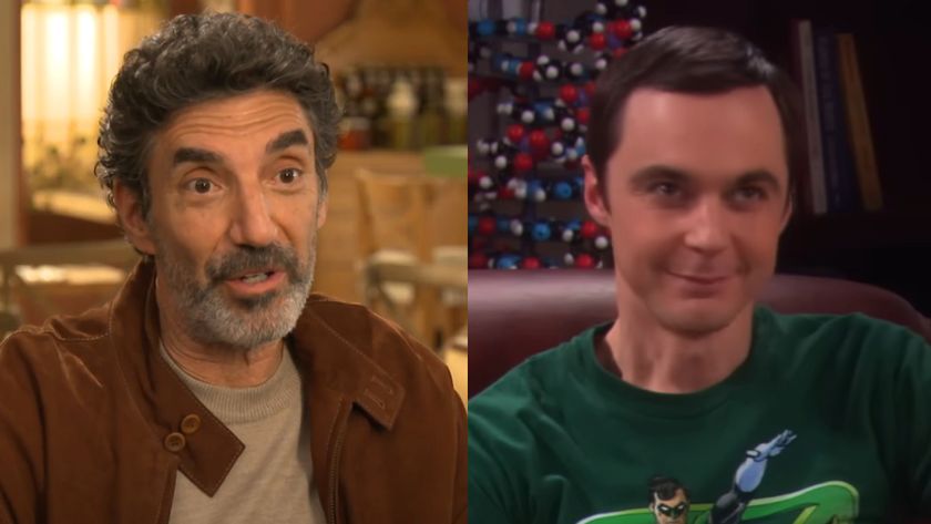 Chuck Lorre giving WB interview, Sheldon smiling while sitting in his spot on The Big Bang Theory