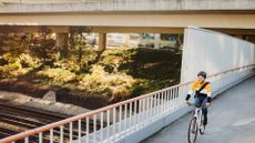 A woman rides her bike along an urban bike path.