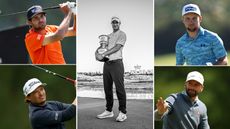 A black and white photo of Guido Migliozzi holding the KLM Open trophy (centre). Eugenio Chacarra (top left), Ewen Ferguson (bottom left), Rasmus Neergaard-Petersen (top right) and Joost Luiten (bottom right)