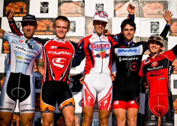 The men's podium: Adam Myerson (Cycle-Smart), Valentin Scherz (Cyfac), Jesse Anthony (California Giant Berries), Justin Lindine (BikeReg.com) and Adam McGrath (Van Dessel).