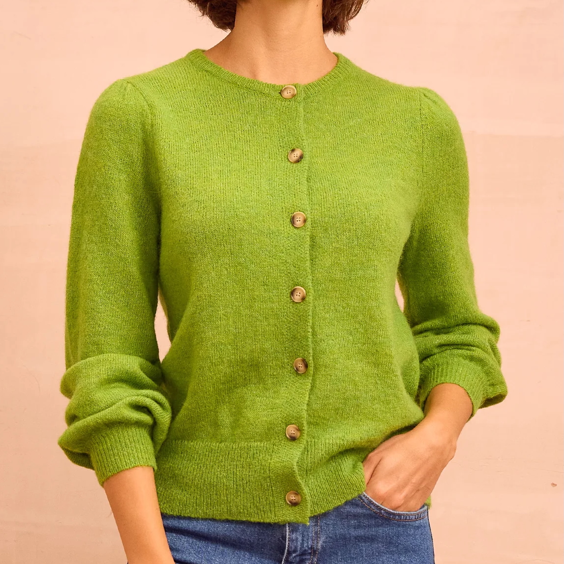 Alpaca Blend Puff Sleeve Cardigan in green