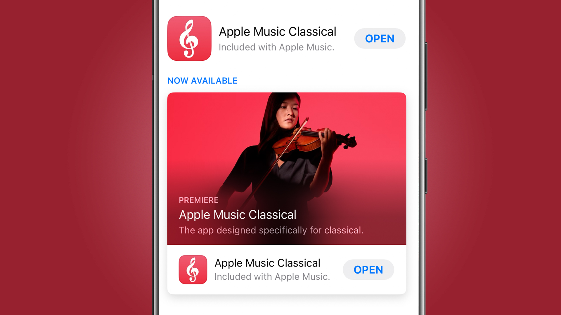An iPhone on a red background showing the download screen for Apple Music Classical