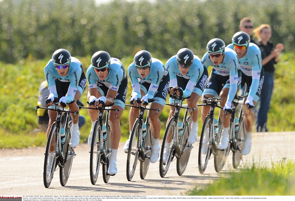 Omega-Pharma Quick-Step on their way to Team Time Trial victory at the 2012 World Championships