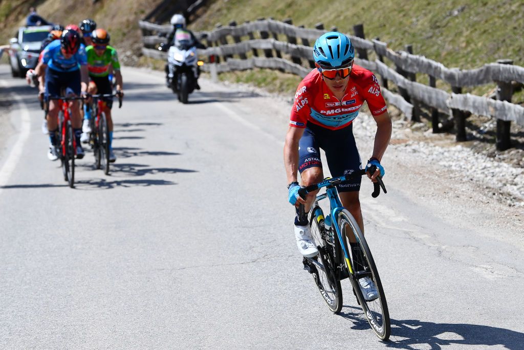 TOBLACH HOCHPUSTERTAL ITALY APRIL 20 Miguel ngel Lpez Moreno of Colombia and Team Astana Qazaqstan red intermediate sprint jersey attacks in the chase group during the 45th Tour of the Alps 2022 Stage 3 a 1546km stage from Lana to Villabassa TouroftheAlps on April 20 2022 in Toblach Hochpustertal Italy Photo by Tim de WaeleGetty Images
