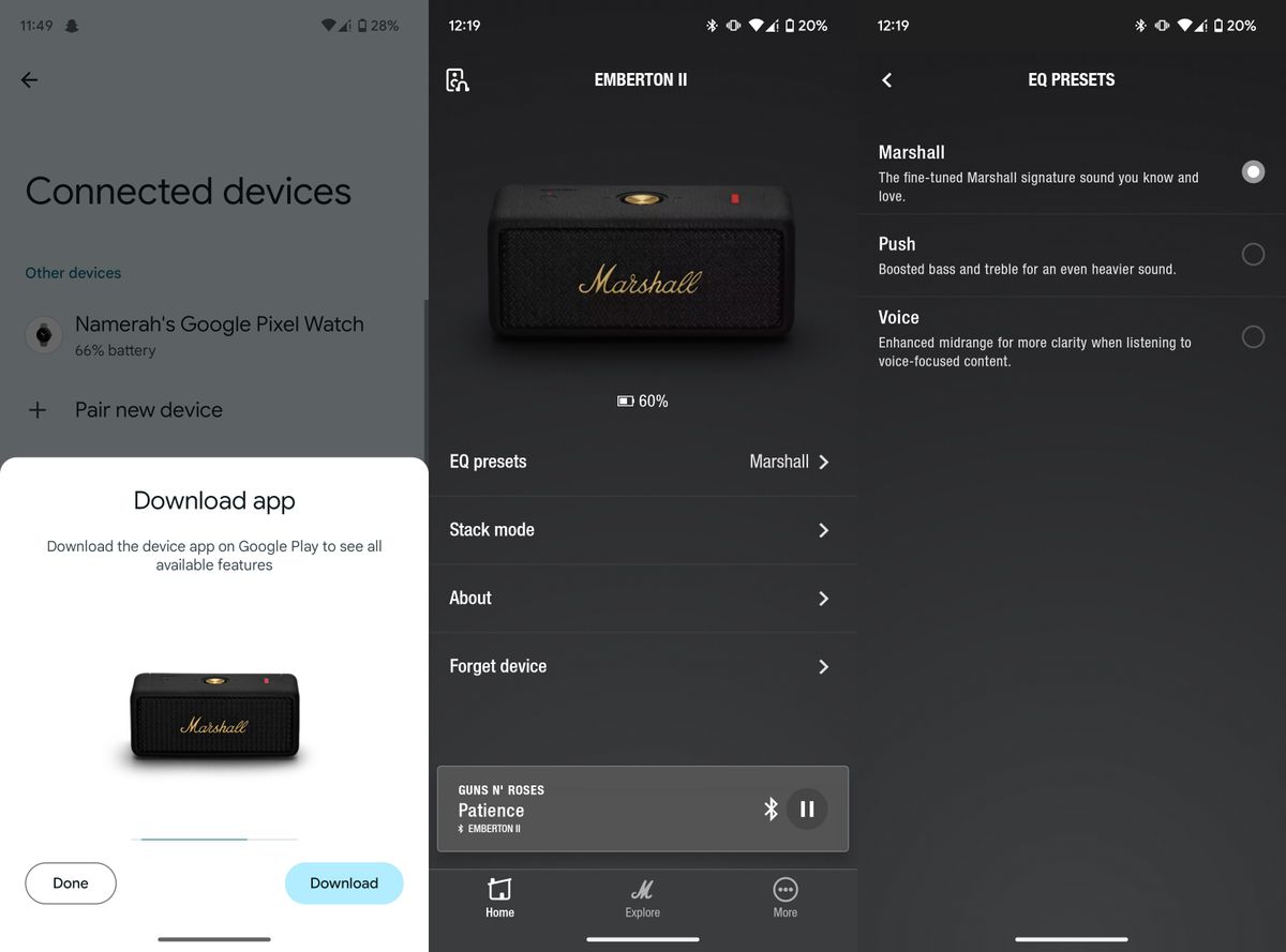 Marshall Emberton II app screenshots.