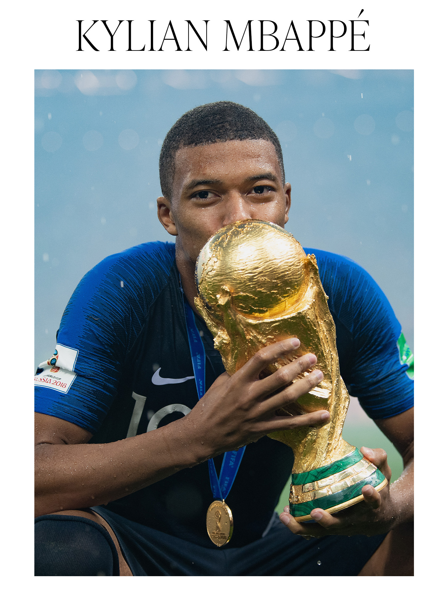 Kylian Mbappe of France celebrates with the World Cup Trophy following his sides victory in the 2018 FIFA World Cup Final between France and Croatia at Luzhniki Stadium on July 15, 2018.
