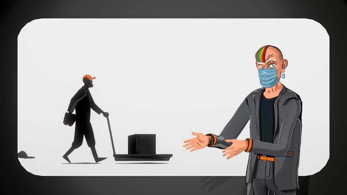 In-game CEO character gesturing to presentation screen of downtrodden workers pushing boxes