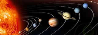 The planets of the solar system as depicted by a NASA computer illustration. Orbits and sizes are not shown to scale.