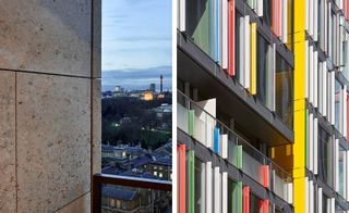 The façade is built of portland stone and colourful fins in primary colours.